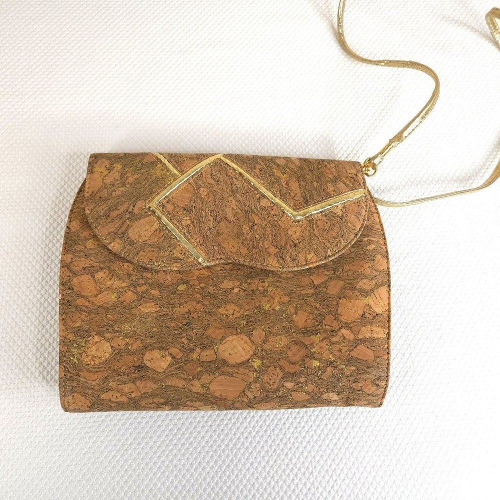 Vintage 90s J Renee Cork Print Gold Sparkles Tan Shoulder Bag Clutch